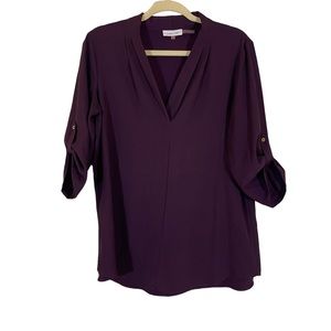 Calvin Klein Women's Purple 3/4 Roll Tab Sleeve V-Neck Pleat Blouse-Size Medium